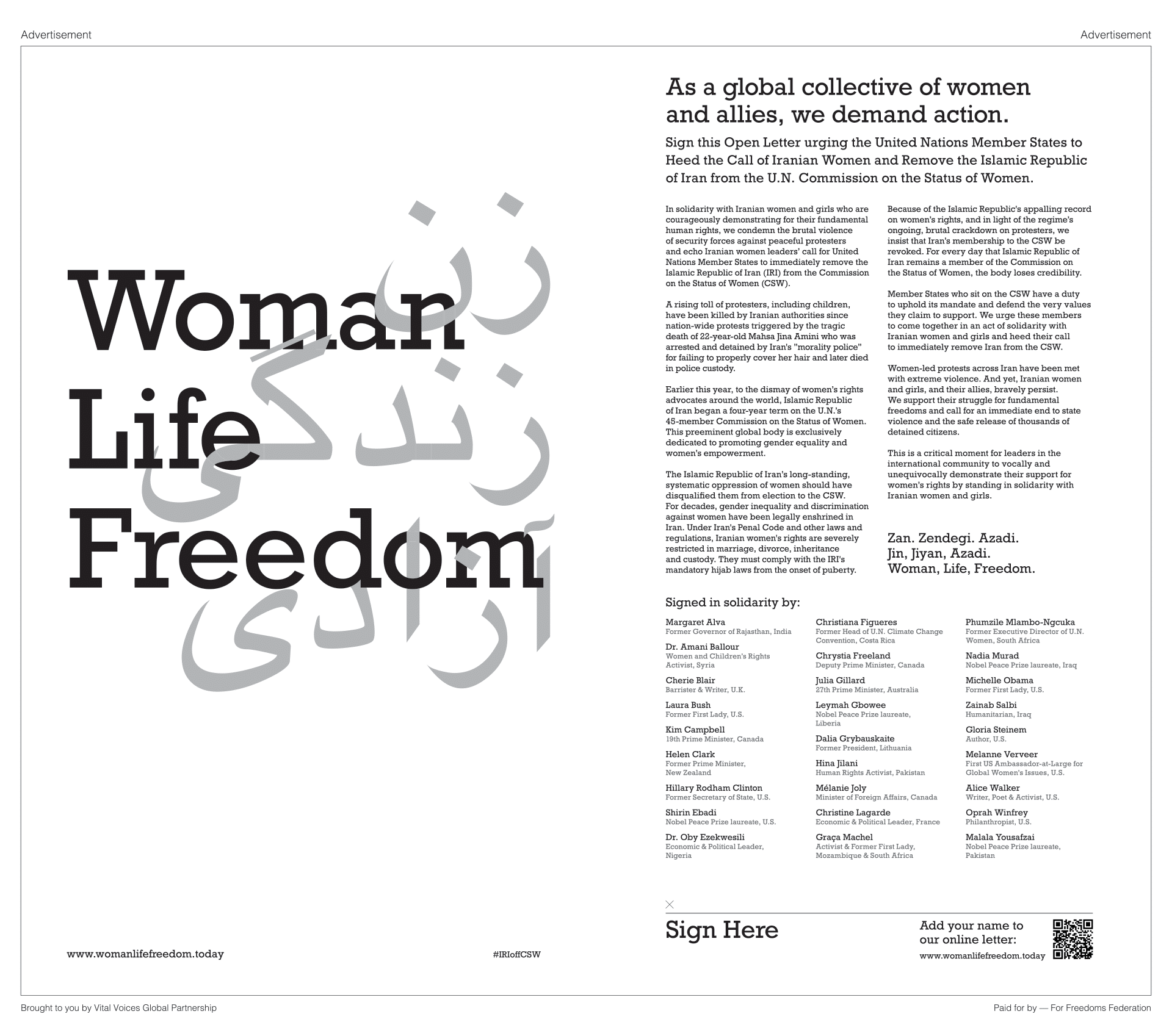 Vital Voices Partners with Global Women Leaders Calling for Immediate Expulsion of the Islamic Republic of Iran from the . Commission on the Status of Women - Vital Voices Vital Voices Partners with Global Women Leaders Calling for Immediate Expulsion of the Islamic Republic of Iran from the . Commission on the Status of Women - Vital Voices