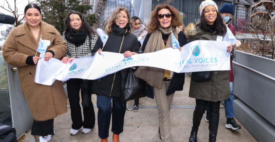 NEW YORK, NEW YORK - MARCH 04: Diane von Furstenberg (2nd R) participates in the DVF x Vital Voices IWD 2023 Mentor Walk at the Highline on March 04, 2023 in New York City. (Photo by JP Yim/Getty Images for DVF IWD Event)