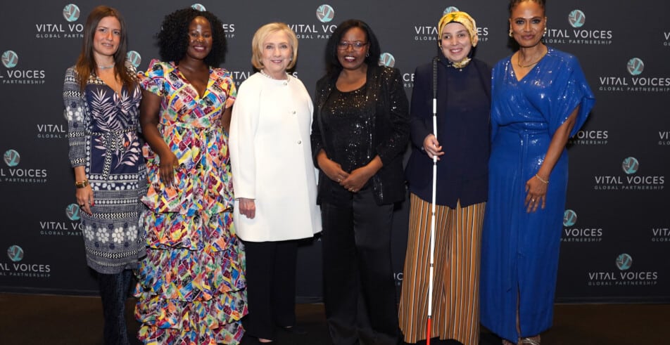 WASHINGTON, DC - OCTOBER 25: (L-R) Inna Braverman, Helen Lunkuse, Hillary Clinton, Enass Muzamel, Sara Minarka and Ava DuVernay attend the 22nd Annual Global Leadership Awards hosted by Vital Voices at The Kennedy Center on October 25, 2023 in Washington, DC. (Photo by Leigh Vogel/Getty Images for Vital Voices Global Partnership)