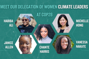 cop 28 banner with vital voices delegation of women leaders abiba ali chante harris michelle hong janice allen vanessa nakate