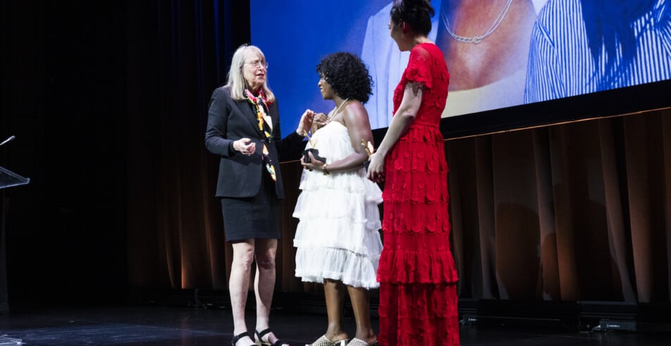 Esther Wojcicki, Google co-founder Susan Wojcicki's mother, gathers in conversation with Vital Voices inaugural Tech for Impact Honorees Seyi Akiwowo and Tracy Chou, marking a milestone moment of achievement and connection.