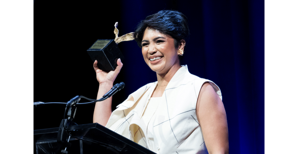Global Leadership Award honoree Farwiza Fahan celebrates with her award — a symbol of leadership in environmental conservation.