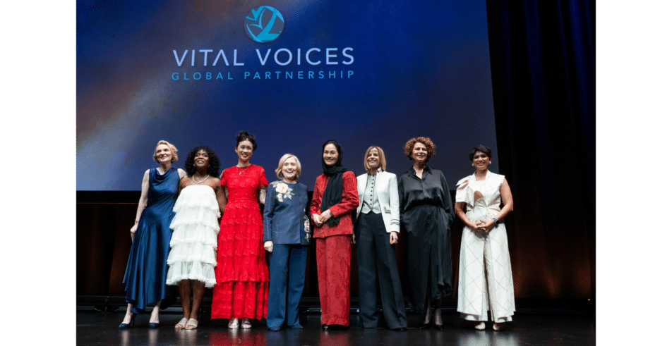 All 2026 honorees present on stage with Vital Voices co-founders Alyse Nelson and Secretary Hillary Rodham Clinton.