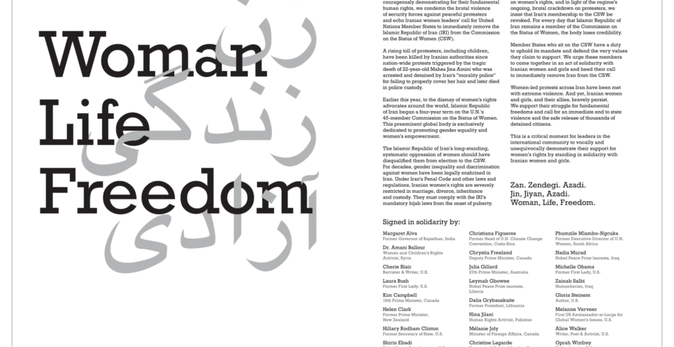 The open letter in the New York Times to which Gloria Steinem was a signatory, that drove action toward removing the Islamic Republic of Iran from the UN CSW; a coalition campaign organized by Vital Voices with activists from across the Iranian diaspora.